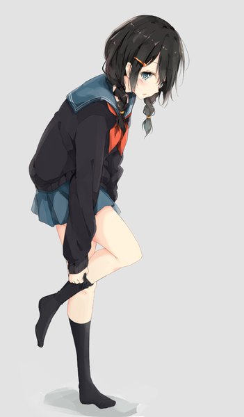 Anime picture 646x1103 with original kurottari single long hair tall image looking at viewer blush blue eyes black hair simple background full body braid (braids) grey background leaning no shoes leaning forward twin braids adjusting clothes adjusting legwear girl
