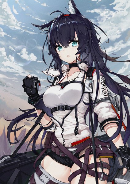 Anime picture 1681x2378 with arknights blaze (arknights) timmoo single long hair tall image looking at viewer fringe breasts open mouth black hair hair between eyes standing holding animal ears payot sky cloud (clouds) ahoge outdoors