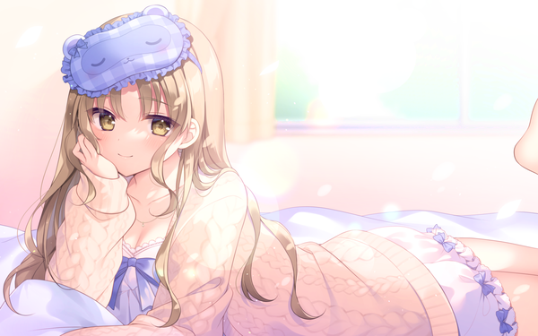 Anime picture 2400x1500 with virtual youtuber nijisanji sister cleaire ytuorvi single long hair looking at viewer highres blonde hair smile yellow eyes indoors lying on stomach head rest girl window pajamas sleep mask