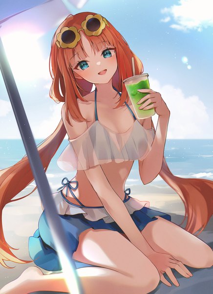 Anime picture 2000x2750 with genshin impact nilou (genshin impact) 7aka ne11 single long hair tall image looking at viewer blush fringe highres breasts open mouth light erotic smile sitting twintails holding sky cloud (clouds) outdoors