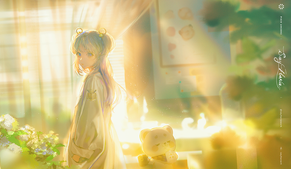 Anime picture 1536x890 with original say hana single long hair looking at viewer blue eyes wide image signed blue hair indoors sunlight two side up turning head hand in pocket girl curtains toy stuffed animal stuffed toy teddy bear