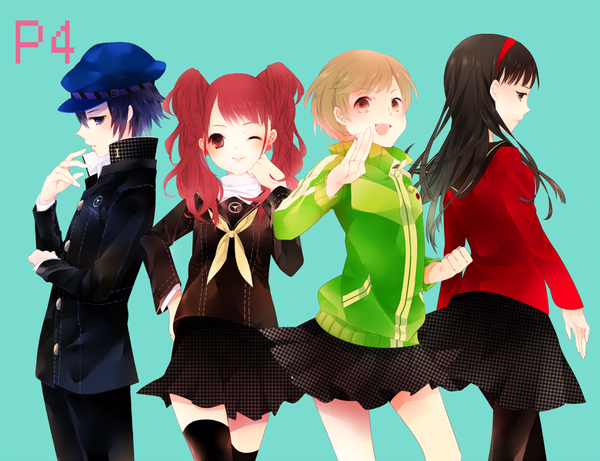 Anime picture 1500x1153 with persona 4 persona kujikawa rise satonaka chie amagi yukiko shirogane naoto petitbisou open mouth black hair red eyes brown hair multiple girls red hair one eye closed wink girl thighhighs skirt uniform black thighhighs