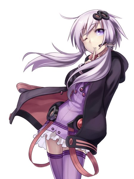 Anime picture 1152x1536 with vocaloid yuzuki yukari nakasaki hydra single long hair tall image fringe simple background white background purple eyes twintails looking away purple hair ahoge one eye closed wink open clothes open jacket zettai ryouiki low twintails