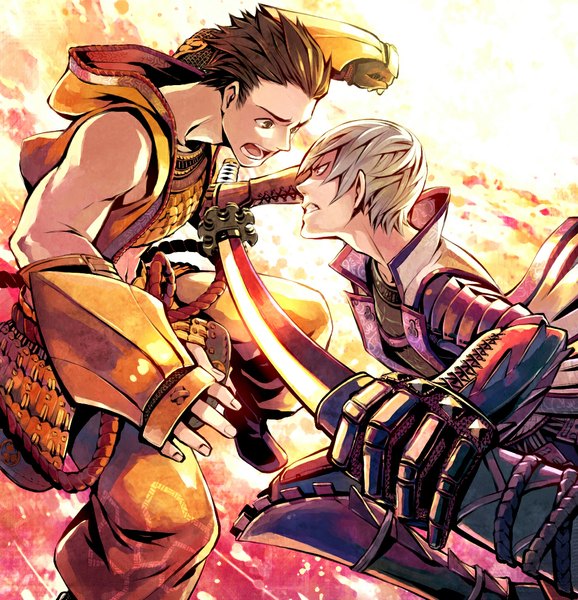 Anime picture 1060x1100 with sengoku basara mitsunari ishida tokugawa ieyasu minami seira tall image short hair open mouth red eyes brown hair bare shoulders brown eyes silver hair battle boy gloves weapon sword armor katana hood