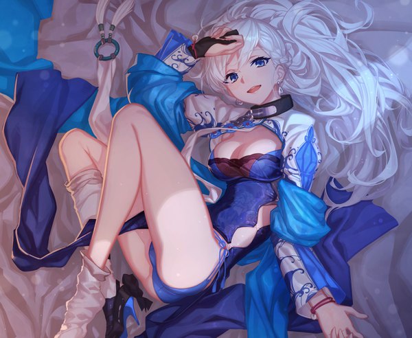 Anime picture 1212x994 with azur lane belfast (azur lane) belfast (iridescent rose) (azur lane) m-ya single long hair looking at viewer fringe breasts open mouth blue eyes light erotic smile large breasts signed silver hair lying braid (braids) traditional clothes :d