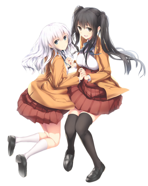 Anime picture 1104x1386 with original fueru nattou long hair tall image looking at viewer open mouth blue eyes black hair white background twintails multiple girls brown eyes white hair girl thighhighs dress black thighhighs 2 girls socks white socks