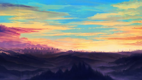 Anime picture 1360x768 with original akio-bako (artist) wide image sky cloud (clouds) city mountain no people landscape scenic soft beauty plant (plants) tree (trees) forest