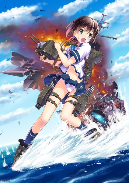 Anime picture 1535x2171 with kantai collection fubuki destroyer number10 (hagakure) single long hair tall image blush open mouth light erotic brown hair green eyes sky cloud (clouds) pleated skirt cameltoe skirt lift girl skirt uniform underwear