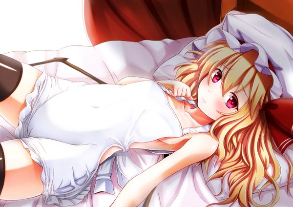 Anime picture 1415x1000 with touhou flandre scarlet ebi 193 single long hair looking at viewer blush light erotic blonde hair bare shoulders cleavage pink eyes frown naked apron girl thighhighs ribbon (ribbons) black thighhighs hair ribbon wings