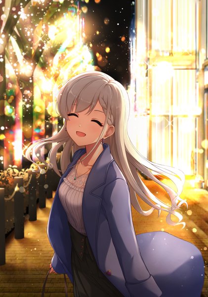 Anime picture 1438x2048 with idolmaster idolmaster cinderella girls idolmaster cinderella girls starlight stage hisakawa hayate nakata (nkt vvd) single long hair tall image open mouth outdoors eyes closed grey hair ^ ^ ^o^ girl plant (plants) earrings tree (trees) pendant