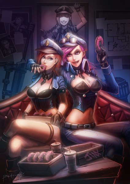 Anime picture 1080x1528 with league of legends jinx (league of legends) caitlyn (league of legends) vi (league of legends) officer caitlyn badcompzero tall image light erotic sitting purple eyes multiple girls looking away purple hair red hair black eyes midriff girl gloves navel weapon