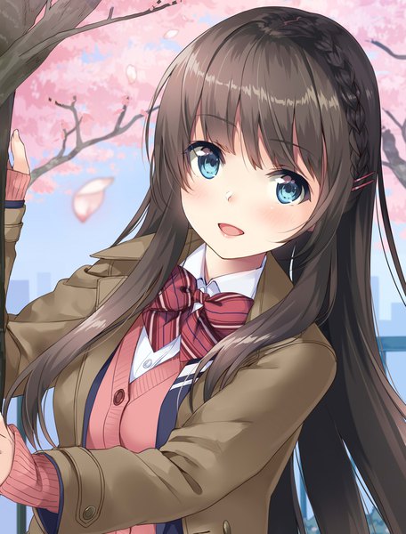 Anime picture 1813x2383 with original maki makishima (makimaki) unasaka ryou single long hair tall image looking at viewer blush fringe highres open mouth blue eyes brown hair payot sky blunt bangs braid (braids) long sleeves head tilt open clothes
