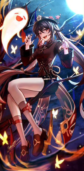 Anime picture 2420x4922 with genshin impact hu tao (genshin impact) boo tao (genshin impact) pponnya single tall image fringe highres open mouth hair between eyes red eyes brown hair twintails full body very long hair nail polish :d from below black nail polish ghost