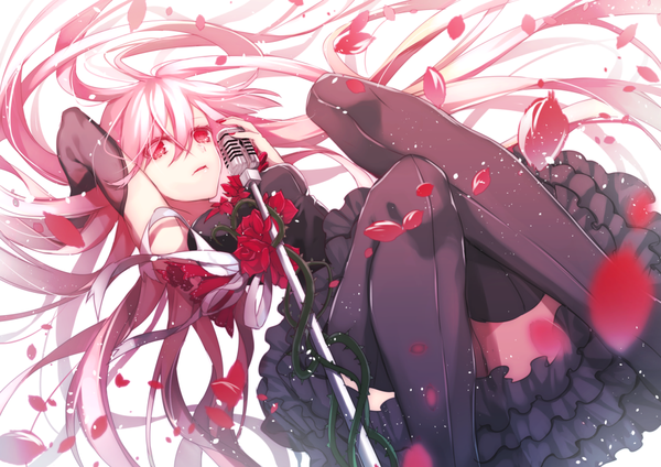 Anime picture 1000x707 with original hanagata single long hair fringe open mouth red eyes pink hair nail polish girl thighhighs dress gloves flower (flowers) ribbon (ribbons) black thighhighs petals black gloves black dress rose (roses)