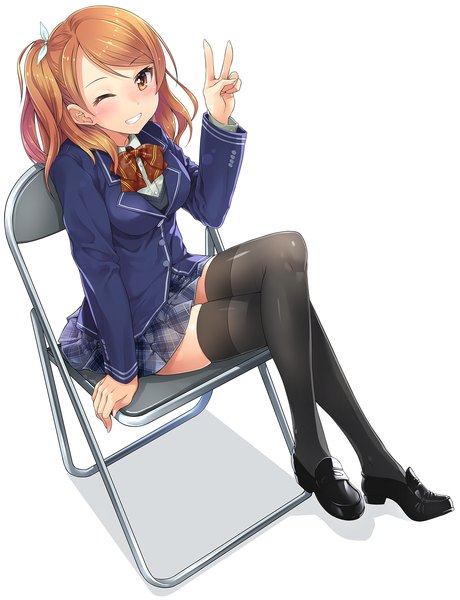 Anime picture 1253x1634 with idolmaster idolmaster cinderella girls houjou karen kazu single long hair tall image blush simple background smile brown hair white background sitting brown eyes full body one eye closed wink one side up crossed legs victory