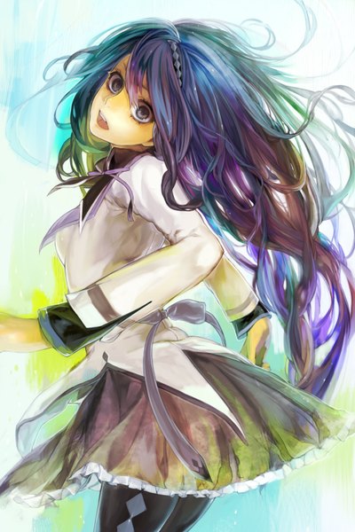 Anime picture 1000x1500 with mahou shoujo madoka magica shaft (studio) akemi homura tcb (pixiv) single long hair tall image fringe open mouth purple eyes looking back multicolored hair girl bow pantyhose