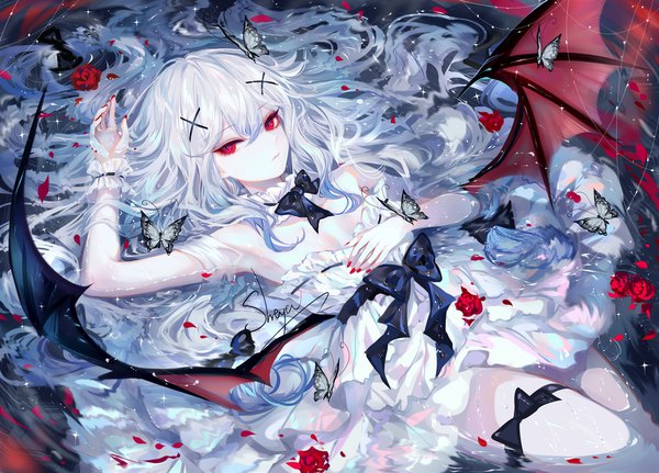 Anime picture 2000x1435 with original sheya single long hair looking at viewer fringe highres hair between eyes red eyes white hair lying nail polish arm up fingernails from above armpit (armpits) on back partially submerged slit pupils bat wings