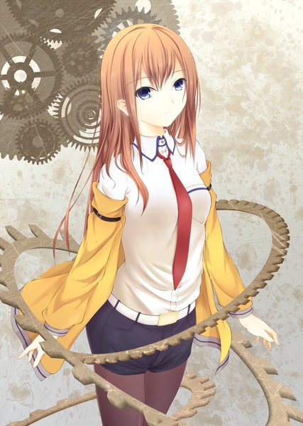 Anime picture 1100x1547 with steins;gate white fox makise kurisu hajie single long hair tall image looking at viewer blue eyes brown hair open jacket girl necktie jacket shorts short shorts gears