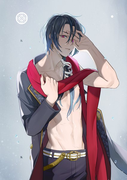 Anime picture 660x932 with touken ranbu nitroplus kashuu kiyomitsu inkerpape single long hair tall image looking at viewer light erotic black hair simple background red eyes nail polish grey background wet groin muscle hand on face boy scarf