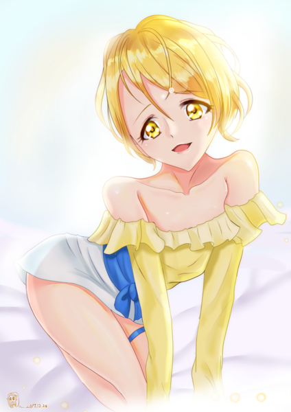 Anime picture 1158x1637 with precure hugtto! precure toei animation kagayaki homare mitaka single tall image looking at viewer short hair open mouth simple background blonde hair white background bare shoulders signed yellow eyes off shoulder bare legs kneeling girl