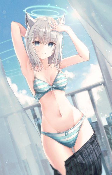 Anime picture 2572x4017 with blue archive shiroko (blue archive) jung5u single tall image looking at viewer fringe highres short hair breasts blue eyes light erotic smile hair between eyes standing animal ears sky silver hair cloud (clouds) indoors