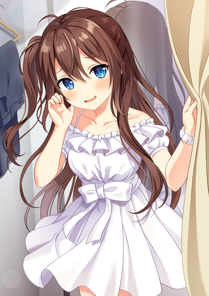 Anime picture 2894x4093 with original moe2020 yuusa single long hair tall image looking at viewer blush fringe highres open mouth blue eyes smile hair between eyes brown hair standing ahoge indoors head tilt off shoulder