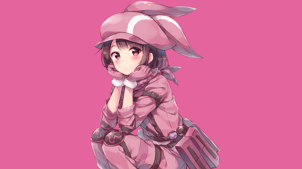Anime picture 4139x2328 with sword art online sword art online alternative: gun gale online a-1 pictures llenn (sao) hazuki (sutasuta) single looking at viewer blush fringe highres short hair simple background brown hair wide image absurdres pink eyes squat chin rest girl gloves