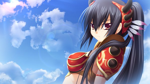 Anime picture 1024x576 with kamidori alchemy meister yuela long hair black hair red eyes wide image game cg cloud (clouds) ponytail girl