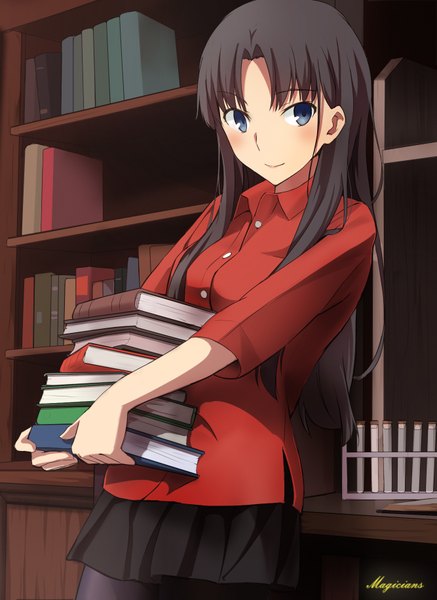 Anime picture 1334x1828 with fate (series) fate/stay night type-moon toosaka rin magicians (zhkahogigzkh) single long hair tall image looking at viewer blush blue eyes black hair holding girl skirt miniskirt shirt pantyhose book (books) shelf