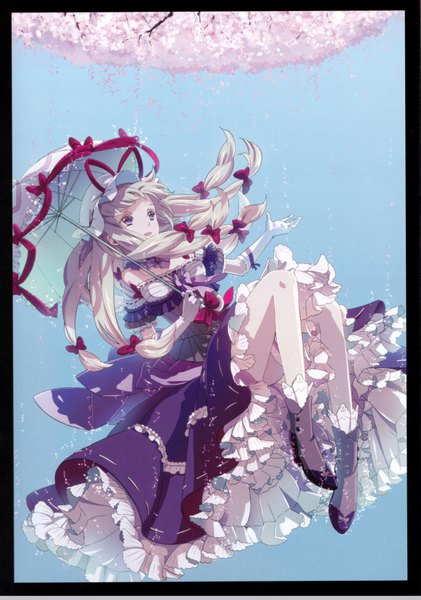 Anime picture 4904x6992 with touhou yakumo yukari miyuki ruria single long hair tall image highres open mouth blonde hair smile purple eyes absurdres sky scan short sleeves cherry blossoms border flying frilled dress girl