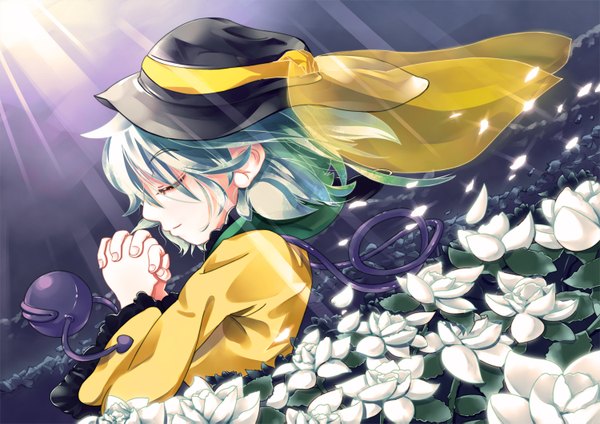 Anime picture 1500x1061 with touhou komeiji koishi kyouko kasa short hair eyes closed profile green hair hands clasped praying girl dress flower (flowers) hat hat ribbon
