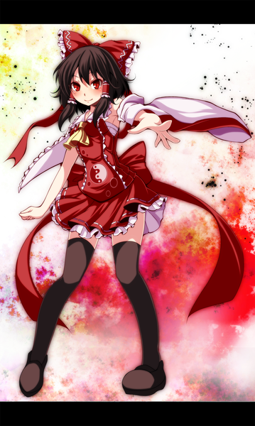 Anime picture 1197x2000 with touhou hakurei reimu s-syogo single long hair tall image looking at viewer blush black hair smile red eyes traditional clothes miko girl thighhighs bow black thighhighs hair bow