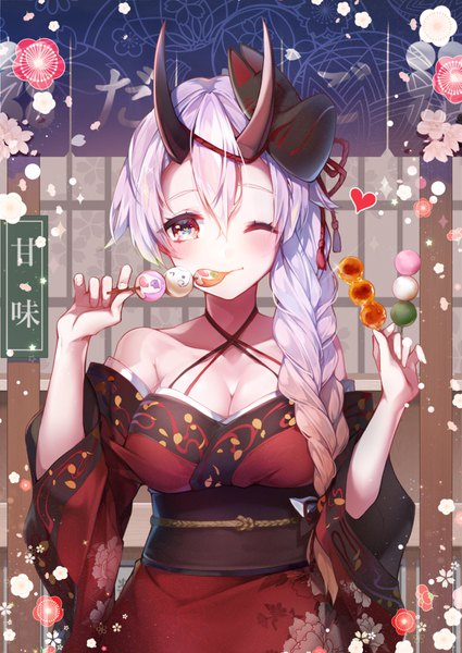 Anime picture 1063x1500 with fate (series) fate/grand order tomoe gozen (fate) kanola u single long hair tall image looking at viewer blush fringe breasts hair between eyes red eyes standing bare shoulders holding cleavage silver hair braid (braids) traditional clothes