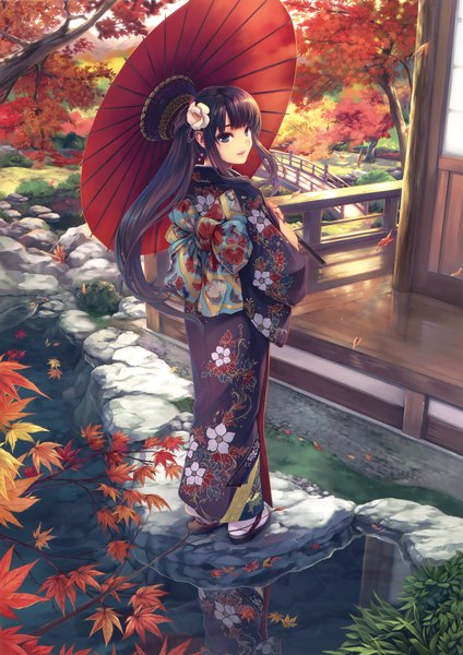 Anime picture 2330x3300 with original eshi 100-nin ten hiiro yuki single long hair tall image looking at viewer highres blue eyes black hair traditional clothes japanese clothes hair flower scan turning head floral print autumn girl hair ornament flower (flowers)