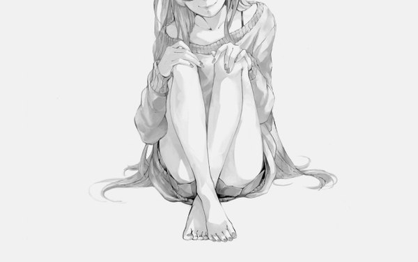 Anime picture 1256x789 with vocaloid megurine luka shouyu meshi single long hair simple background smile sitting bare shoulders very long hair barefoot grey background legs crossed legs monochrome head out of frame convenient leg cropped girl