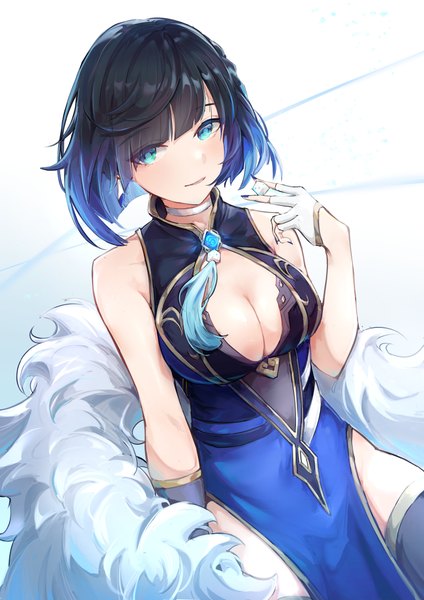 Anime picture 3472x4911 with genshin impact yelan (genshin impact) jinribbit single tall image looking at viewer fringe highres short hair breasts blue eyes light erotic simple background smile large breasts white background bare shoulders holding blue hair absurdres