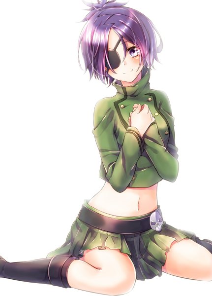 Anime picture 920x1280 with katekyou hitman reborn chrome dokuro sakuragi ren single tall image looking at viewer blush highres short hair simple background smile white background sitting purple eyes purple hair midriff wariza girl skirt navel