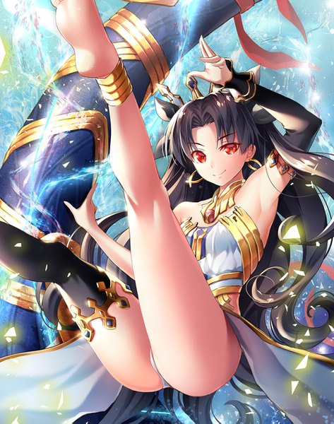 Anime picture 1000x1269 with fate (series) fate/grand order ishtar (fate) suishougensou single long hair tall image looking at viewer fringe light erotic black hair smile red eyes bent knee (knees) barefoot arm up sparkle armpit (armpits) two side up pantyshot