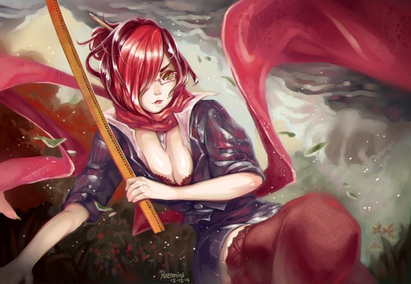 Anime picture 1366x947 with league of legends fiora (league of legends) rozemira single fringe short hair light erotic green eyes cleavage red hair lips hair over one eye teacher thighhighs skirt glasses scarf skirt set ruler