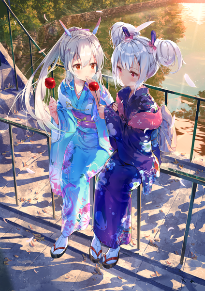 Anime-Bild 1900x2688 mit azur lane ayanami (azur lane) laffey (azur lane) laffey (snow rabbit and candied apple) (azur lane) daitai sotogawa (futomomo) long hair tall image blush fringe highres hair between eyes red eyes sitting multiple girls payot silver hair ponytail traditional clothes japanese clothes hair bun (hair buns)