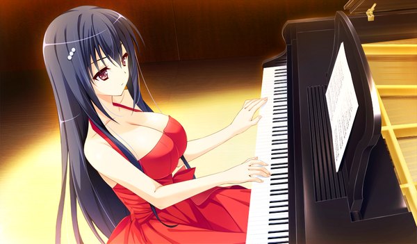 Anime picture 1024x600 with prestar long hair breasts light erotic black hair red eyes wide image large breasts bare shoulders game cg girl dress piano