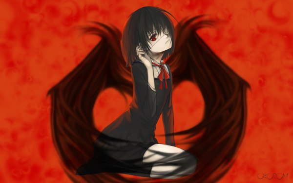 Anime picture 1280x800 with another p.a. works misaki mei charimei single looking at viewer short hair black hair red eyes wide image sitting kneeling red background seiza sad girl dress uniform ribbon (ribbons) school uniform