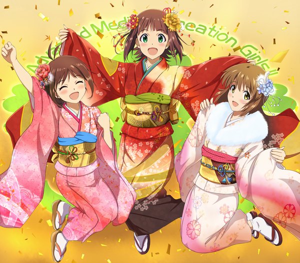 Anime picture 1366x1200 with idolmaster idolmaster dearly stars amami haruka hagiwara yukiho hidaka ai hina (araburu-hinadori) looking at viewer short hair open mouth brown hair multiple girls green eyes yellow eyes eyes closed traditional clothes japanese clothes hair flower inscription floral print happy