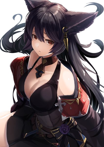 Anime picture 1000x1416 with granblue fantasy nier (granblue fantasy) meth (emethmeth) single long hair tall image looking at viewer fringe breasts light erotic black hair simple background hair between eyes large breasts white background sitting bare shoulders brown eyes cleavage off shoulder