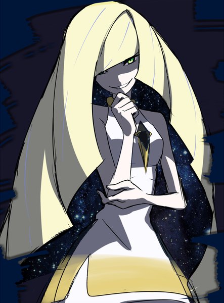 Anime-Bild 650x880 mit pokemon pokemon sm nintendo lusamine (pokemon) kanade single long hair tall image looking at viewer fringe blonde hair smile bare shoulders green eyes hair over one eye shaded face girl dress