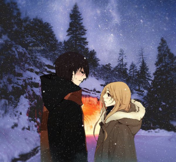 Anime picture 1044x962 with nineteen twenty one our happiness kim hye jin long hair blush short hair black hair standing brown eyes sky outdoors profile fur trim snowing winter snow pale skin girl boy plant (plants)