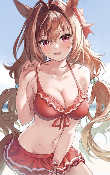 Anime picture 1000x1593 with umamusume daiwa scarlet (umamusume) daiwa scarlet (trifle vacation) (umamusume) kurokin single long hair tall image blush fringe breasts open mouth light erotic smile hair between eyes red eyes brown hair large breasts standing twintails animal ears