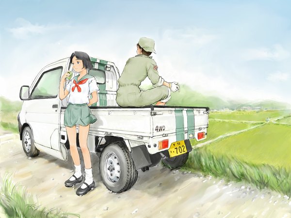 Anime picture 1024x768 with imo cyber short hair brown hair standing drinking field gloves uniform school uniform hat drink ground vehicle can jumpsuit rice paddy truck pickup truck