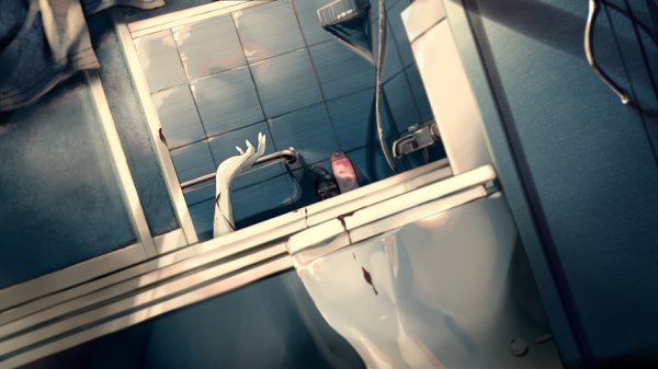 Anime picture 2560x1440 with original vocaloid niii (memstapak) single highres wide image indoors death girl blood hand tiles bath bathroom toilet