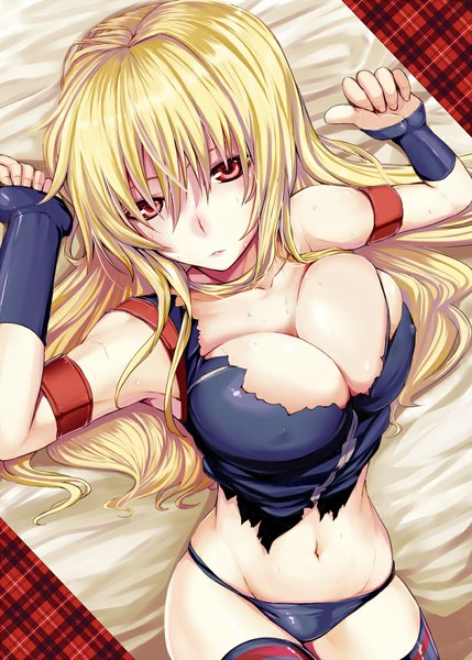 Anime picture 800x1119 with mahou shoujo lyrical nanoha fate testarossa simon (n.s craft) single long hair tall image looking at viewer blush breasts light erotic blonde hair red eyes large breasts bare shoulders cleavage lips bare belly on back girl thighhighs